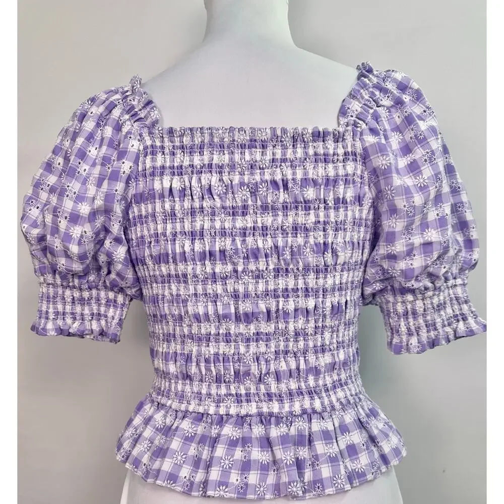 NWOT English Factory Smocked Gingham Puff Sleeve Blouse Square Neck Lavender XS - Picture 4 of 9